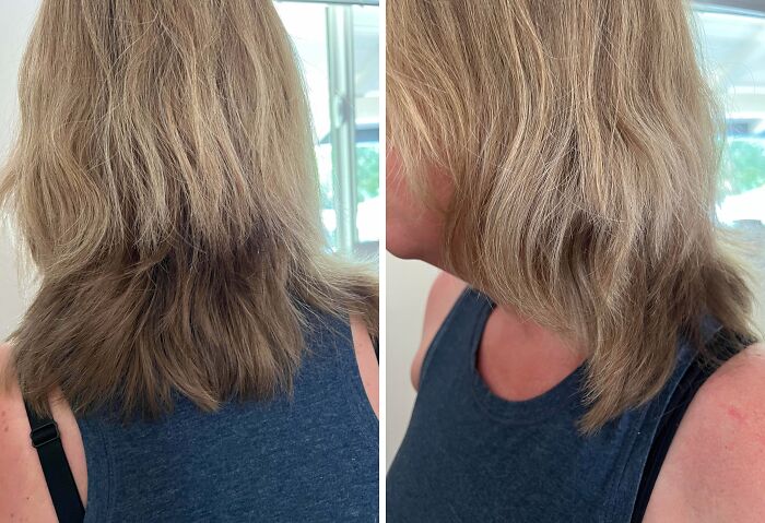 Before and after images showing a tragically mismatched hair color resulting in a hilarious hair accident.