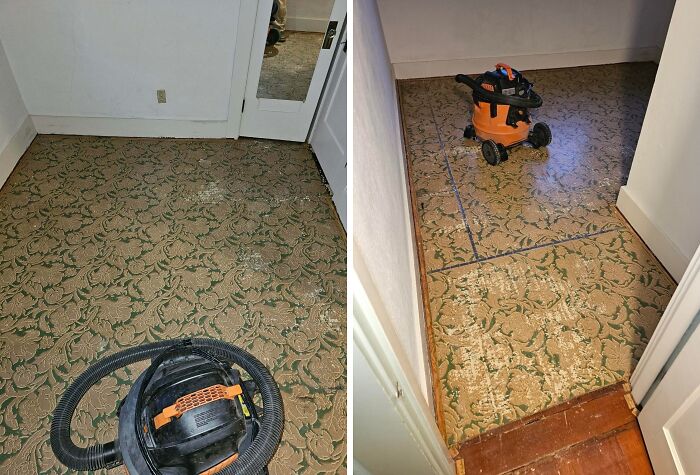 Vintage patterned floor in a charming old home showing wear and restoration work with a vacuum cleaner in view.
