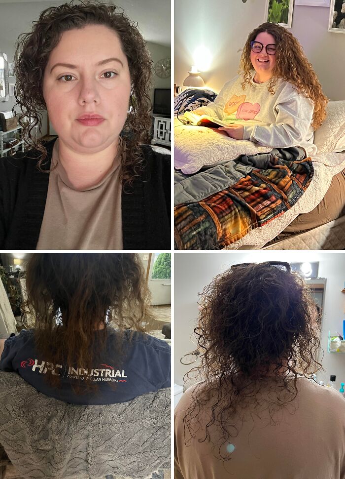 Woman with curly hair showing various hair accidents and texture changes in indoor settings, highlighting tragic hair accidents.