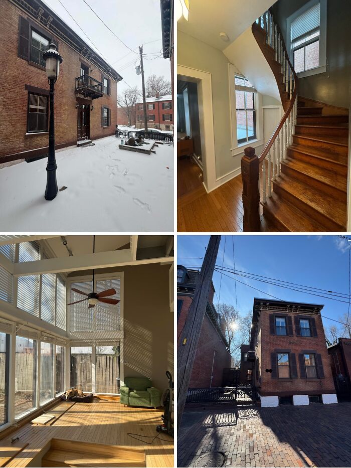 Charming old homes with unique details captured inside and outside, showcasing warm wood and brick elements in sunlight and snow.