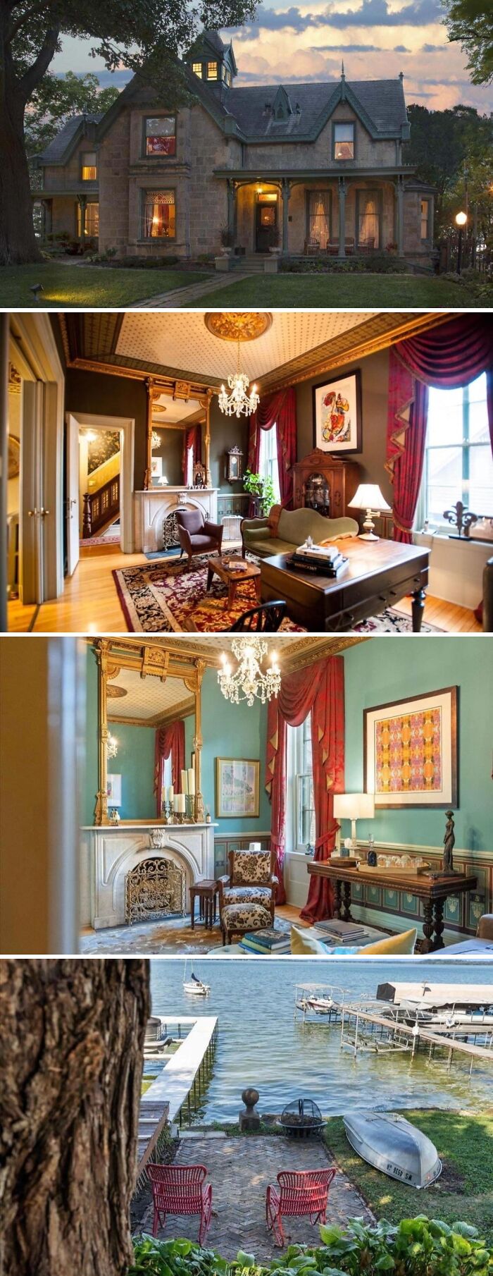 Charming old homes with vintage interiors and a peaceful lakeside view, showcasing classic architectural details and cozy decor.