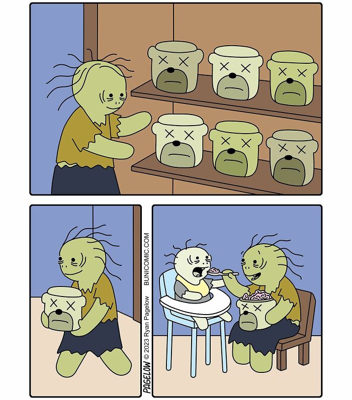 Zombie character feeding a baby from a jar in a darkly funny Buni comic with Halloween spirit themes.