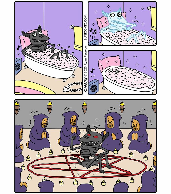 Darkly funny Buni comic featuring a skeleton demon relaxing in a bubble bath and surrounded by hooded figures in a ritual.