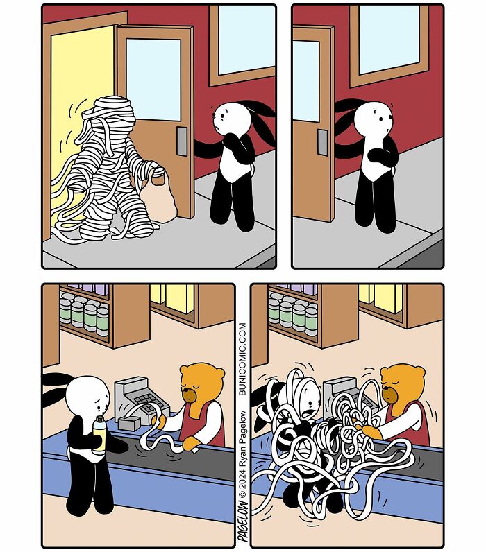 Buni comic shows a bunny encountering a mummy, leading to a humorous tangled mess at the store checkout.