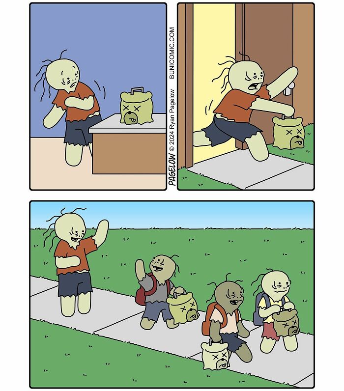 Zombie-like characters carrying dead creature heads in a darkly funny Halloween comic from Buni Comics.