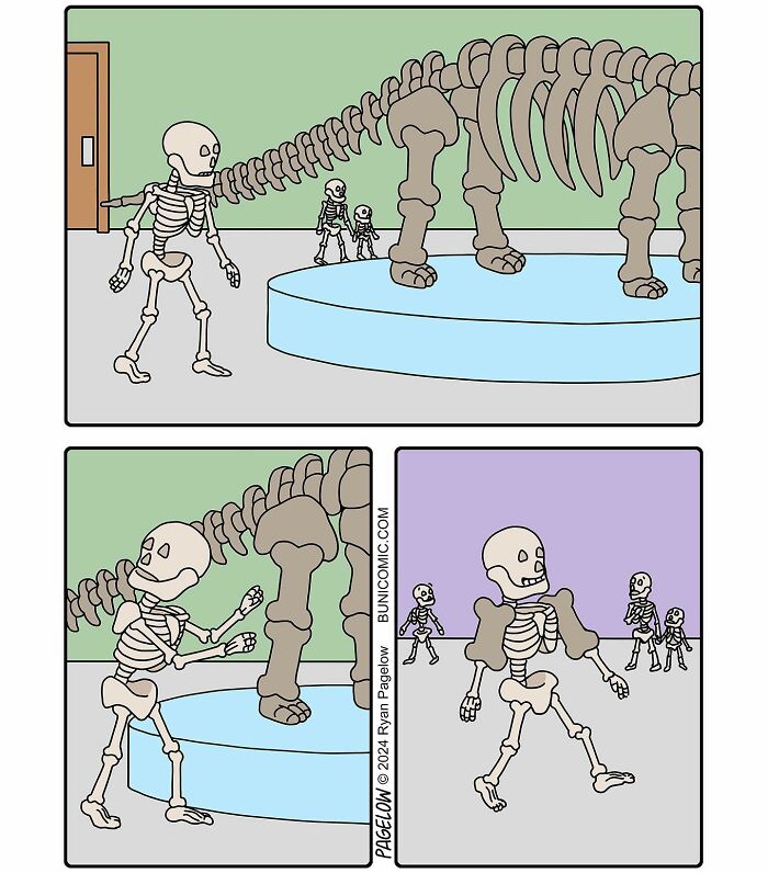 Comic panels of cute yet darkly funny Buni skeleton characters interacting with dinosaur bones in a museum setting.
