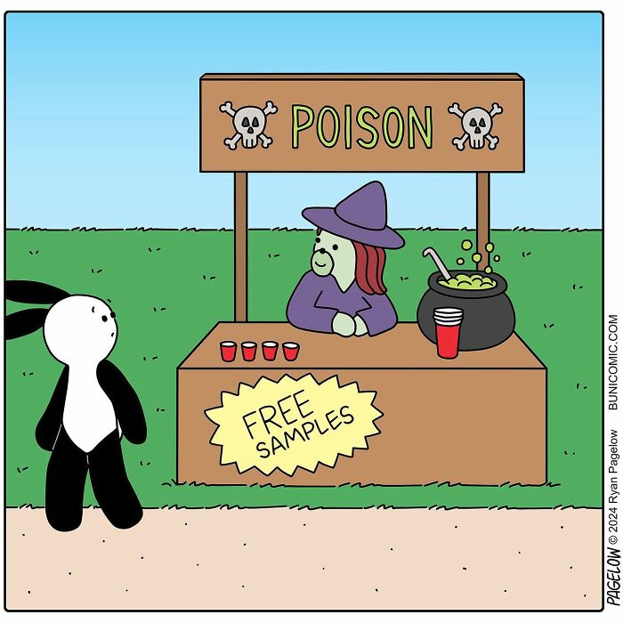 Buni comics showing a witch offering free poison samples to a curious black and white character in a darkly funny Halloween scene.