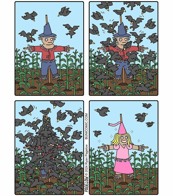 Buni comic panels showing a scarecrow attracting crows, then transforming into a smiling pink-dressed figure in a cornfield.