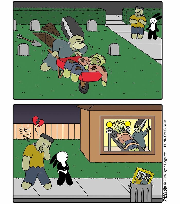 Buni comics show a darkly funny Halloween scene with a bride pushing a zombie in a wheelbarrow and a shocked Frankenstein.