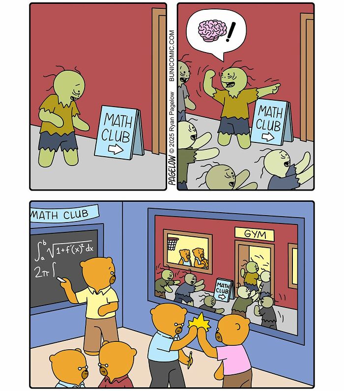 Cute yet darkly funny Buni comic shows green zombies being scared away from math club by bear students inside gym room.