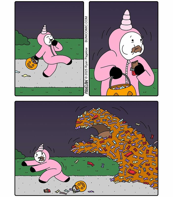 Buni comic shows a person in a pink unicorn costume overwhelmed by a wave of Halloween candy on a sidewalk at night.
