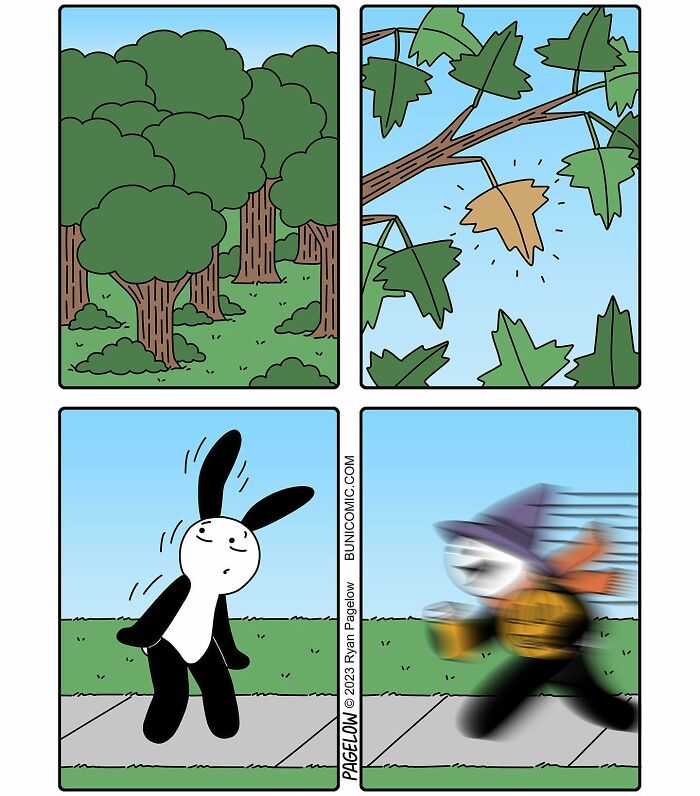 Buni comic panels showing a rabbit noticing a falling leaf and a blurred figure in Halloween costume running by.