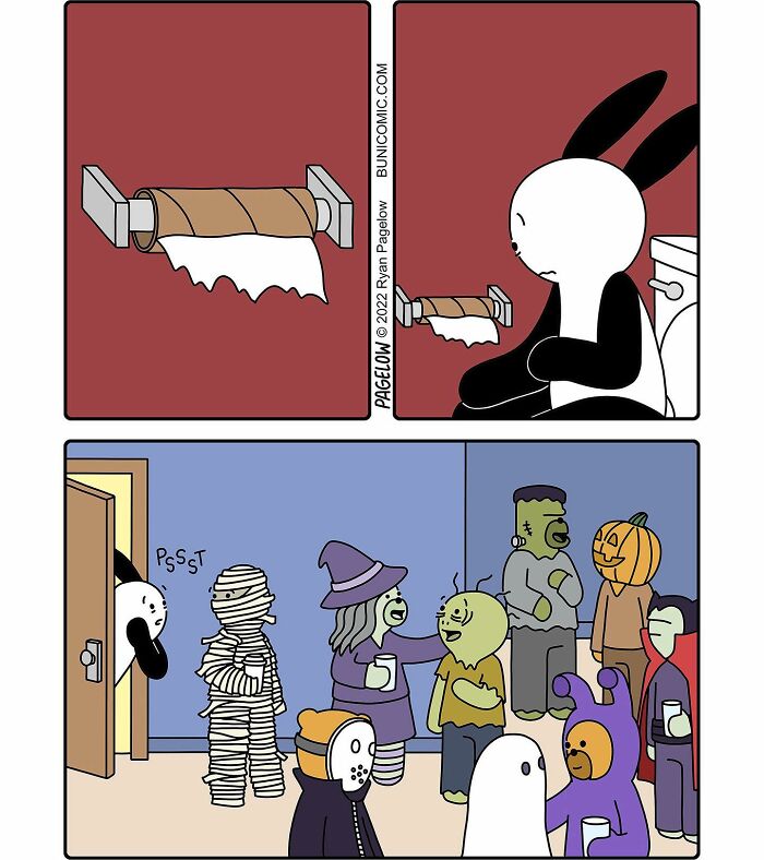 Buni comic showing a bunny disappointed by empty toilet paper, then watching Halloween party with costumed characters.