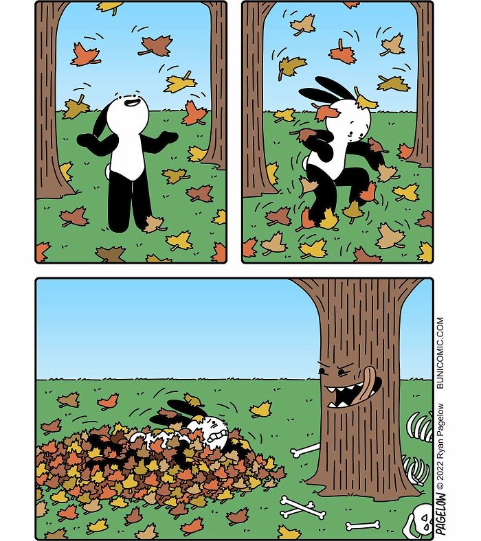 Buni comics showing a playful rabbit in autumn leaves with a dark Halloween twist featuring a sinister tree and bones.