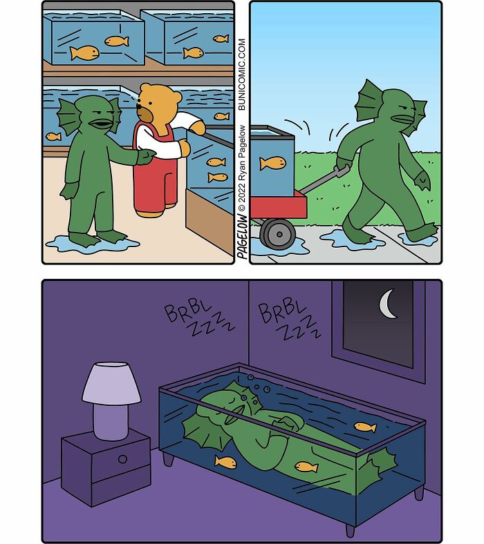 Buni comics featuring a fish creature stealing a goldfish tank and sleeping inside it at night.