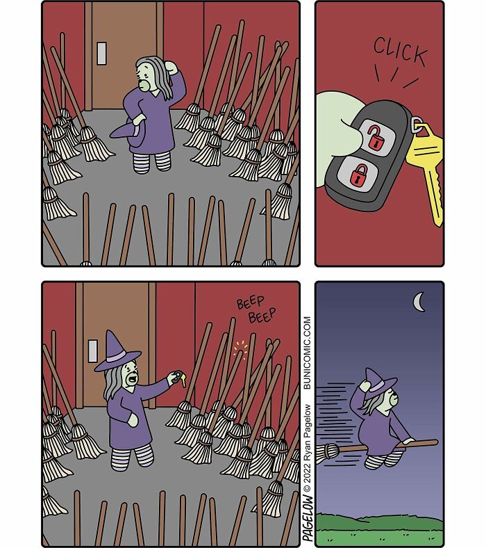 Buni comic showing a witch choosing a broom and flying away in a cute yet darkly funny Halloween comic strip.