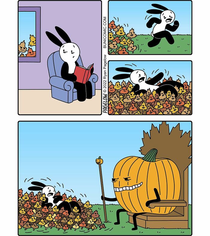 Buni comic features a darkly funny Halloween scene with a rabbit falling into creepy leaves and a sinister pumpkin figure.