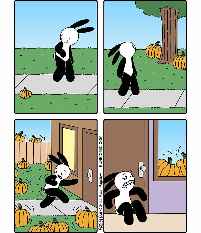 Buni comic featuring a cute black and white bunny surrounded by pumpkins in a darkly funny Halloween scene.