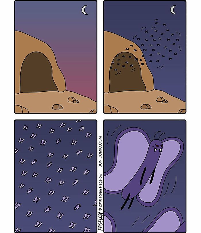 Buni comic panels showing a cave at night transforming a swarm of bats into a cute yet darkly funny Halloween butterfly.