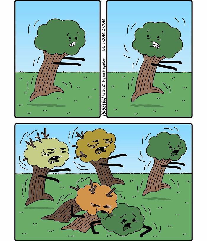 Cartoon trees depicted as darkly funny Buni comics characters, showing expressions of struggle and fatigue in a grassy field.