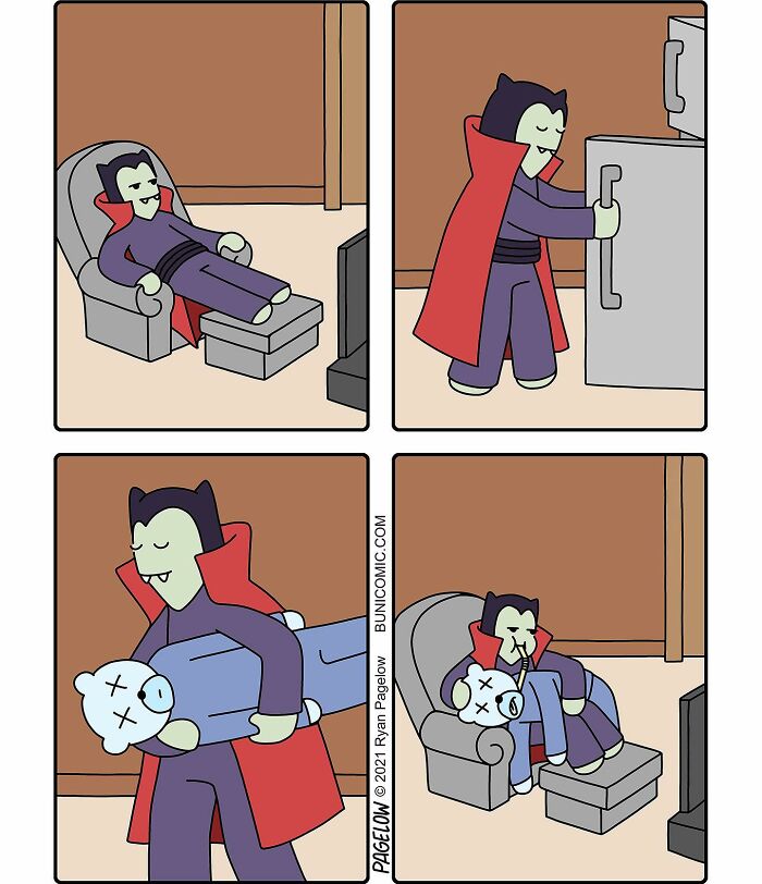 Buni comic featuring a cute vampire character with darkly funny Halloween spirit in four-panel cartoon style.