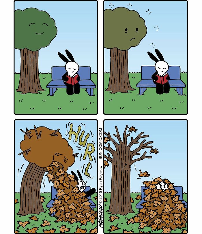 Buni comic with a bunny on a bench under a tree that throws leaves, showing cute yet darkly funny Halloween spirit.