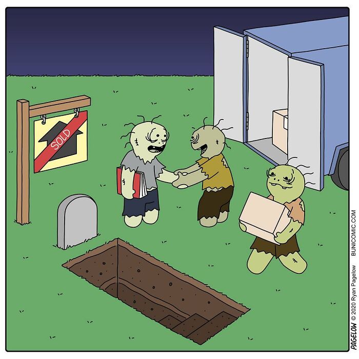 Three cute yet darkly funny Buni comic zombies shaking hands and carrying boxes near a freshly dug grave at night.