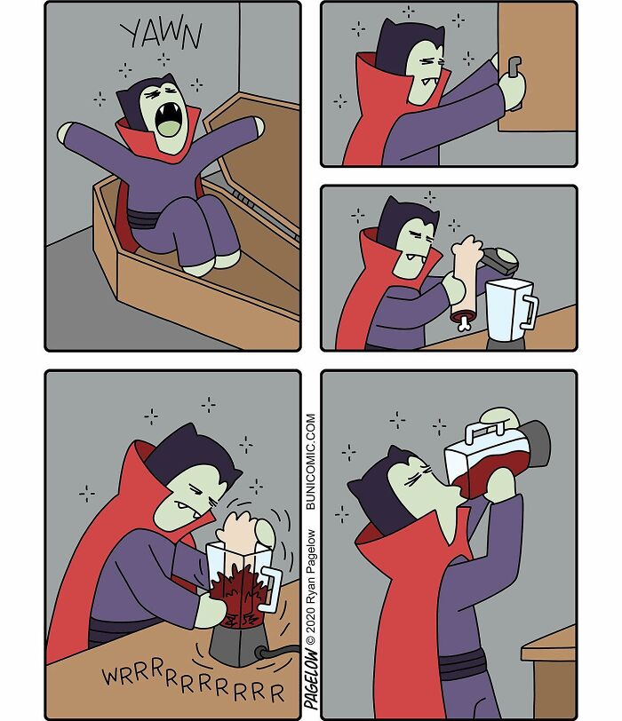 Vampire character in Buni comic making a darkly funny Halloween drink, featuring cute yet spooky Halloween spirit humor.