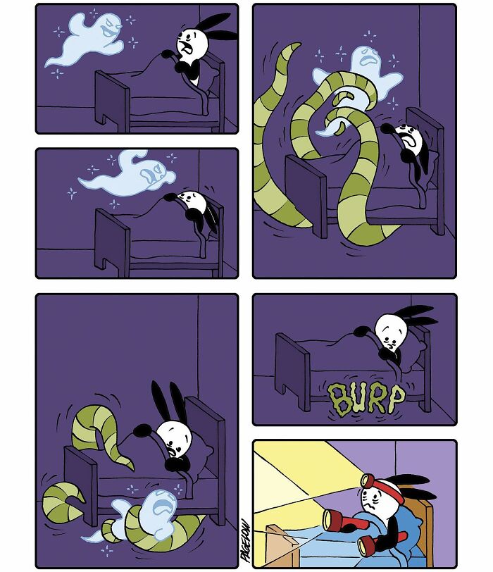 Buni comic panels showing a cute, darkly funny Halloween scene with ghost, tentacles, and scared bunny in bed.