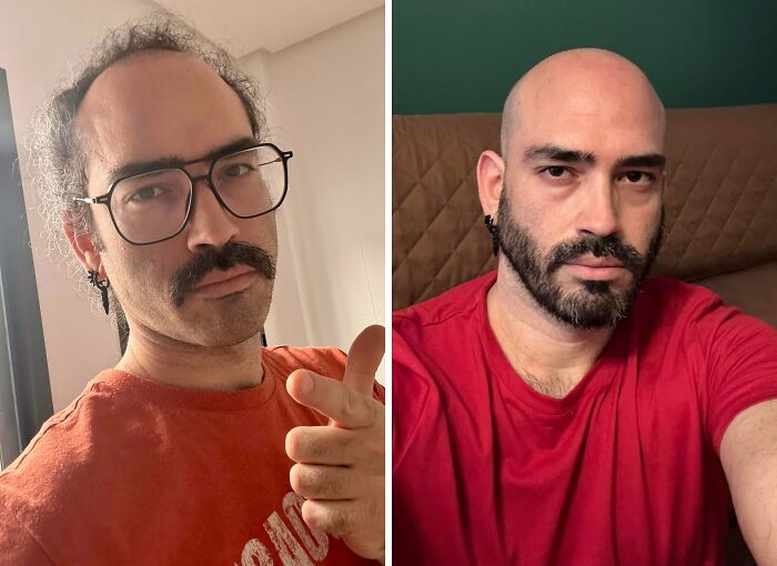 Before-and-after transformation of a man showing a complete reinvention with a bold new look and hairstyle change.