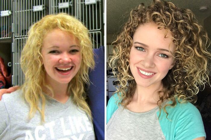 Before-and-after transformation of a woman showing stunning reinvention with curly hair and radiant smile.