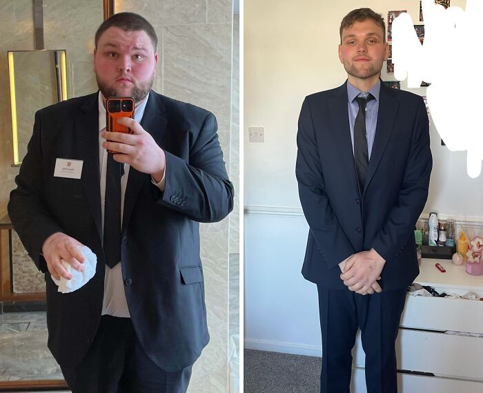 Before-and-after image showing a man’s stunning transformation and complete reinvention in a black suit.
