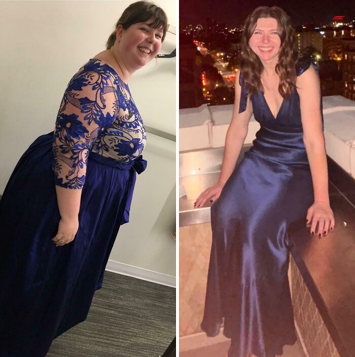 Before-and-after transformation of a woman in a blue dress showcasing stunning reinvention and weight loss progress.