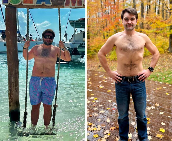 Side-by-side before and after photos of a man showing a stunning body transformation and complete reinvention.