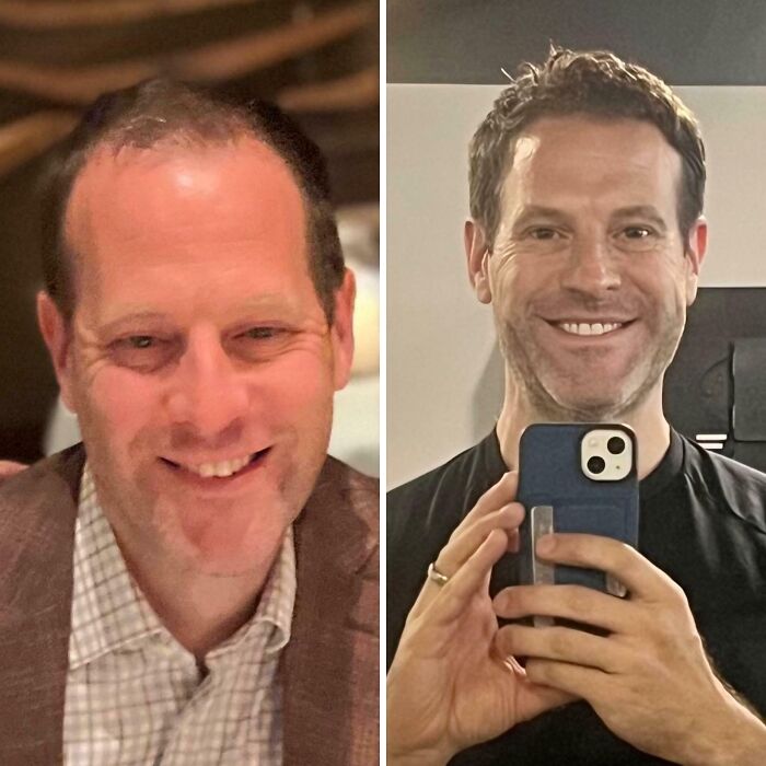 Side-by-side before and after photos showing stunning transformation and reinvention with smiling man in casual and formal settings.