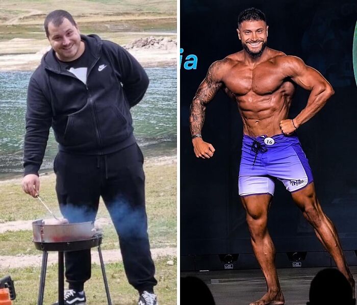 Before-and-after transformation showing impressive body reinvention and fitness progress in a male subject.