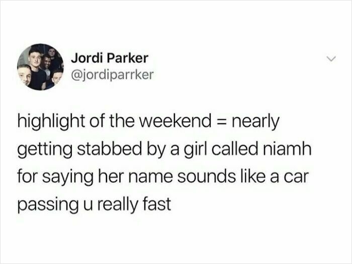 Tweet about a weekend highlight nearly getting stabbed, showcasing unapologetically British humor and memes.