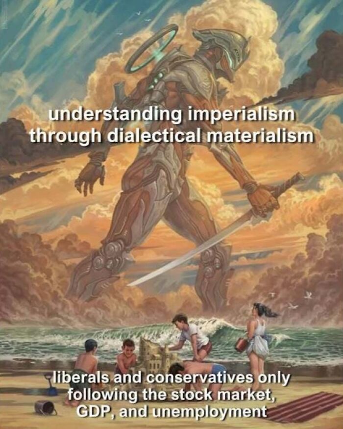 Digital art of a giant armored figure and children playing on a beach, illustrating dystopic society themes and imperialism.