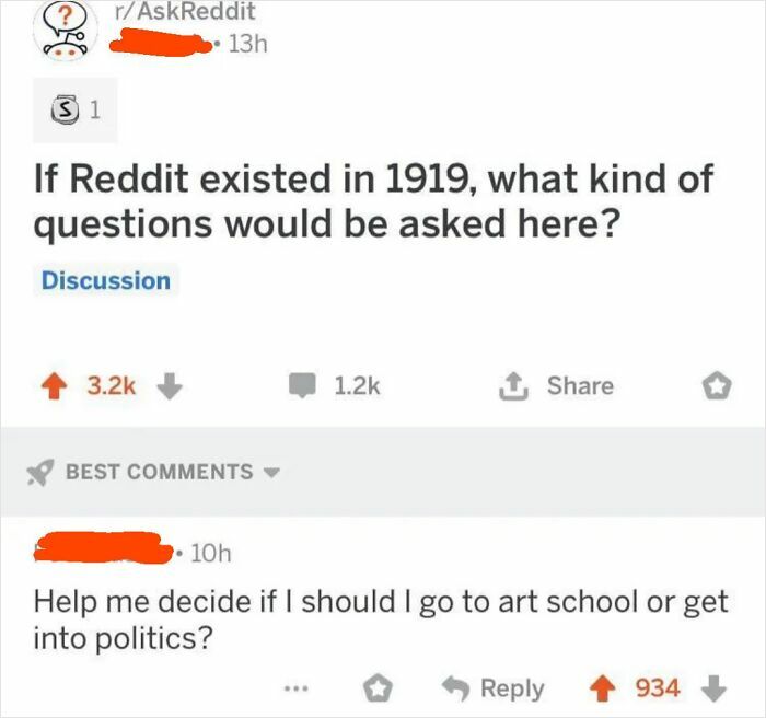 Reddit post asking about questions in 1919 with a top comment debating art school versus politics choices.