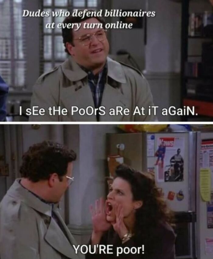 Man in a trench coat sarcastically comments on social media defending billionaires highlighting dystopic societal issues.