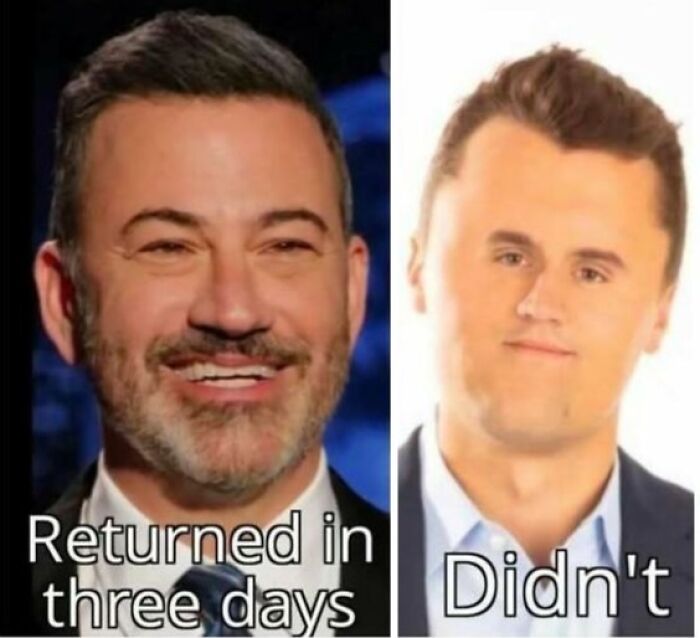 Split image showing a smiling man labeled returned in three days and a serious man labeled didn't, highlighting dystopic society.