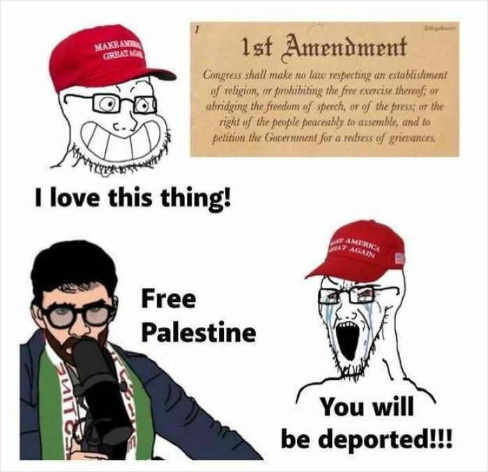 Illustration contrasting free speech and aggressive deportation threats, highlighting dystopic societal tensions and conflicts.