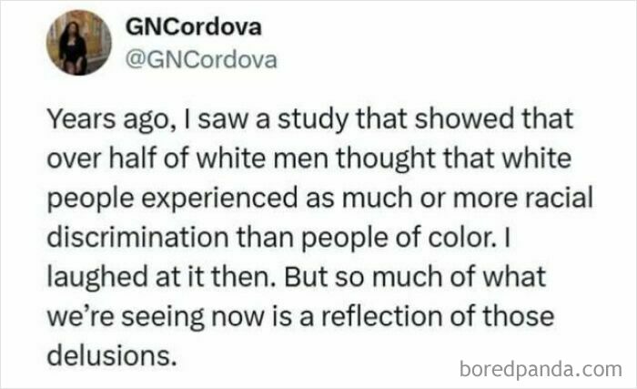 Screenshot of a social media post discussing racial discrimination perceptions, reflecting dystopic aspects of society today.