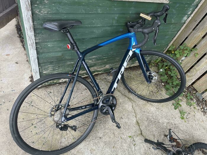 Blue and black Trek road bike locked and leaning against a green wooden wall, frustrating family member in infuriated moments.