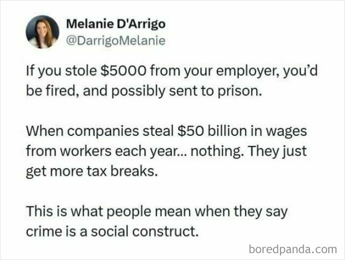 Tweet criticizing wage theft by companies highlights dystopic social inequality and injustice in modern society.