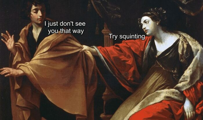 Classical painting showing a man and woman with clever captions creating a funny meme using classical paintings.