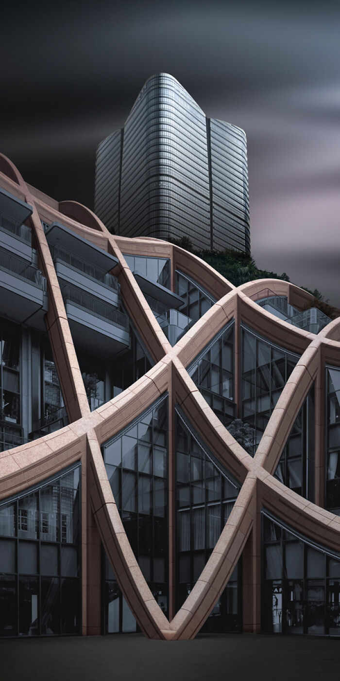 Modern building with a unique crisscross pattern against a dramatic sky, featured in panoramic masterpieces Epson Pano Awards.