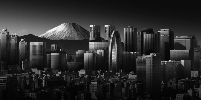 Black and white panoramic masterpiece of a city skyline with Mount Fuji in the background, showcasing urban architecture details.