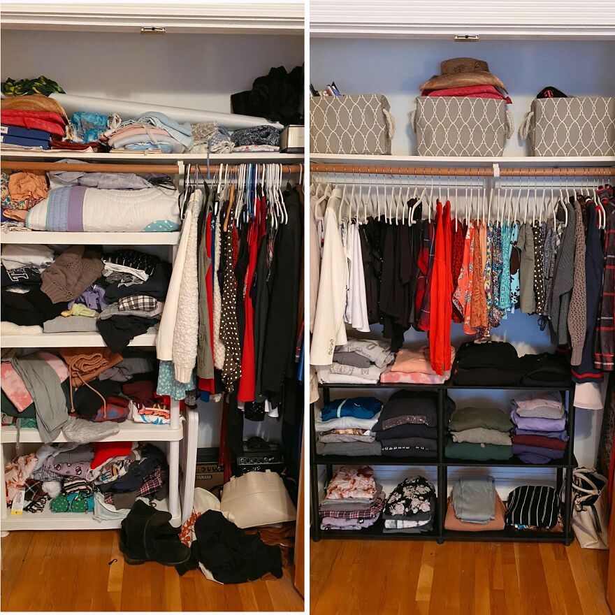 Before and after closet organization hacks showing neat, folded clothes and orderly hanging garments for better home organization.