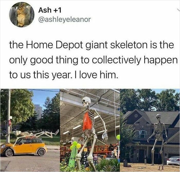 Funny meme about the Home Depot giant skeleton, featured in relatable memes for horror and Halloween fans.
